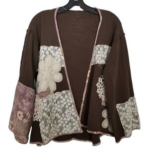 POL Women Gauze Patchwork Kimono Top Sz S Brown Ivory Boho  Open Front